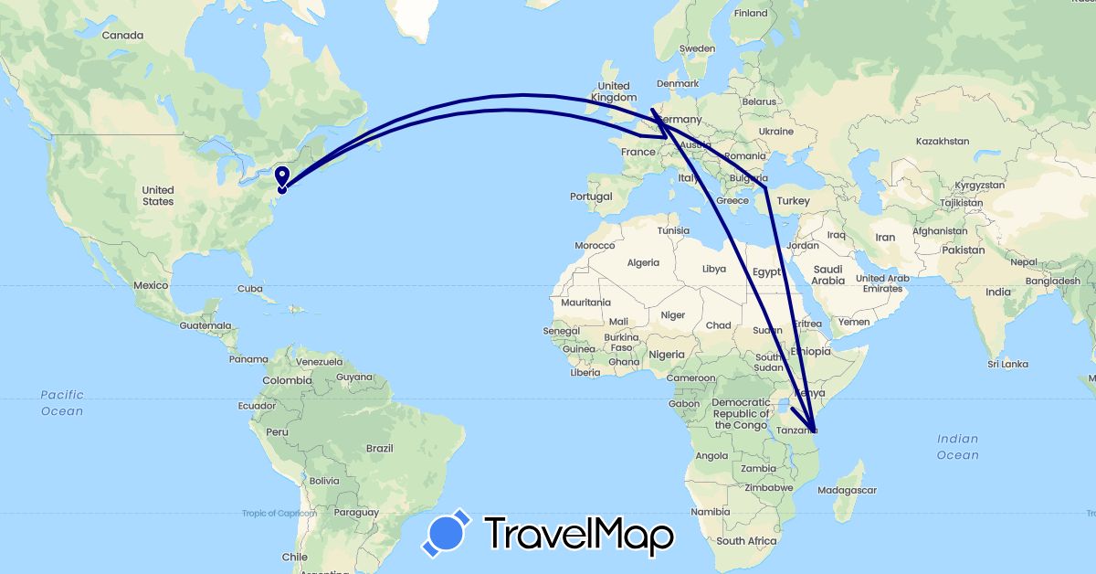 TravelMap itinerary: driving in France, Netherlands, Turkey, Tanzania, United States (Africa, Asia, Europe, North America)
